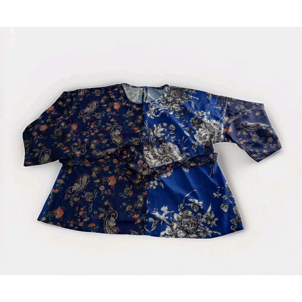 Women's Sz 2X NWT Suzanne Betro 3/4 Length Bell Sleeve Floral Blouse  Blue Flowy